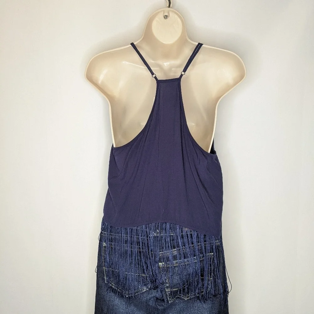 Jenna Hansen Navy Blue Embroidered‎ Fringe Hem Cami Tank Top Boho Festival XS
